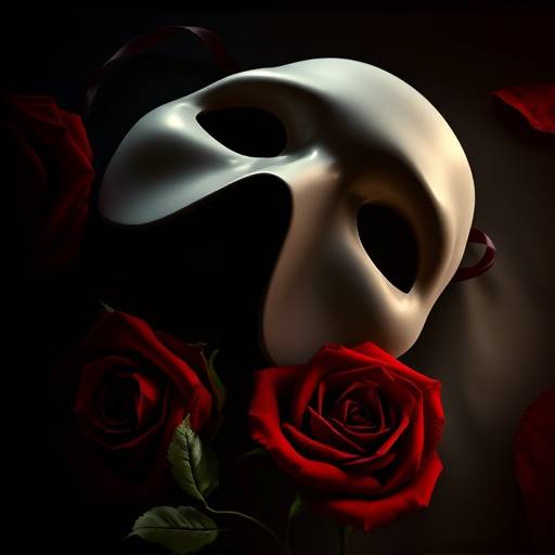 Affiche du spectacle Le Fantôme de l'Opéra, mettant en scène un masque et une rose.
