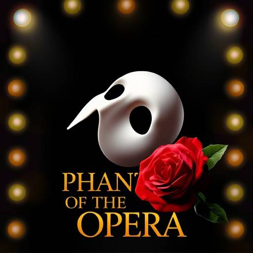 Affiche du spectacle Le Fantôme de l'Opéra, mettant en scène un masque et une rose, avec le titre en lettres dorées.
