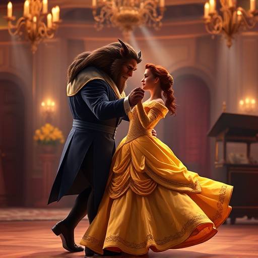 Image de La Belle et la Bête dansant dans la salle de bal.