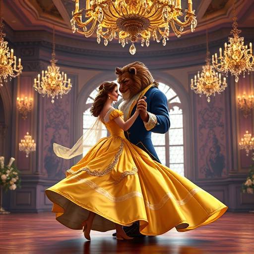 Image de La Belle et la Bête dansant dans la salle de bal, éclairée par des lustres scintillants.
