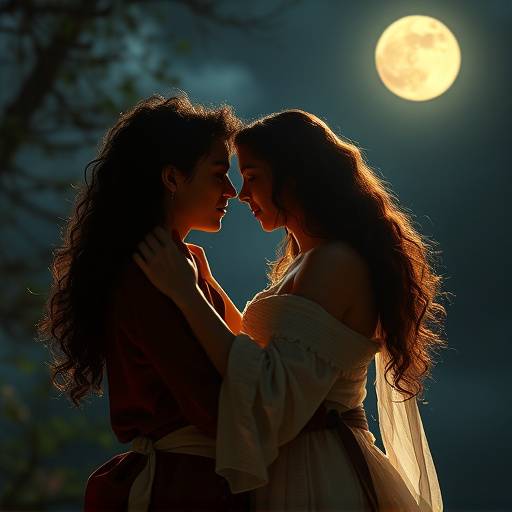 Image de Roméo et Juliette enlacés, éclairés par la lumière de la lune.
