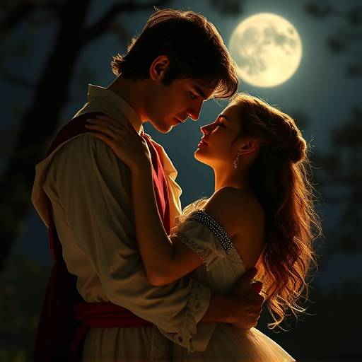Image de Roméo et Juliette enlacés, éclairés par la lumière de la lune.