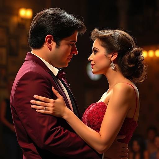 Image de Tony et Maria se regardant avec amour lors d'une représentation de West Side Story.